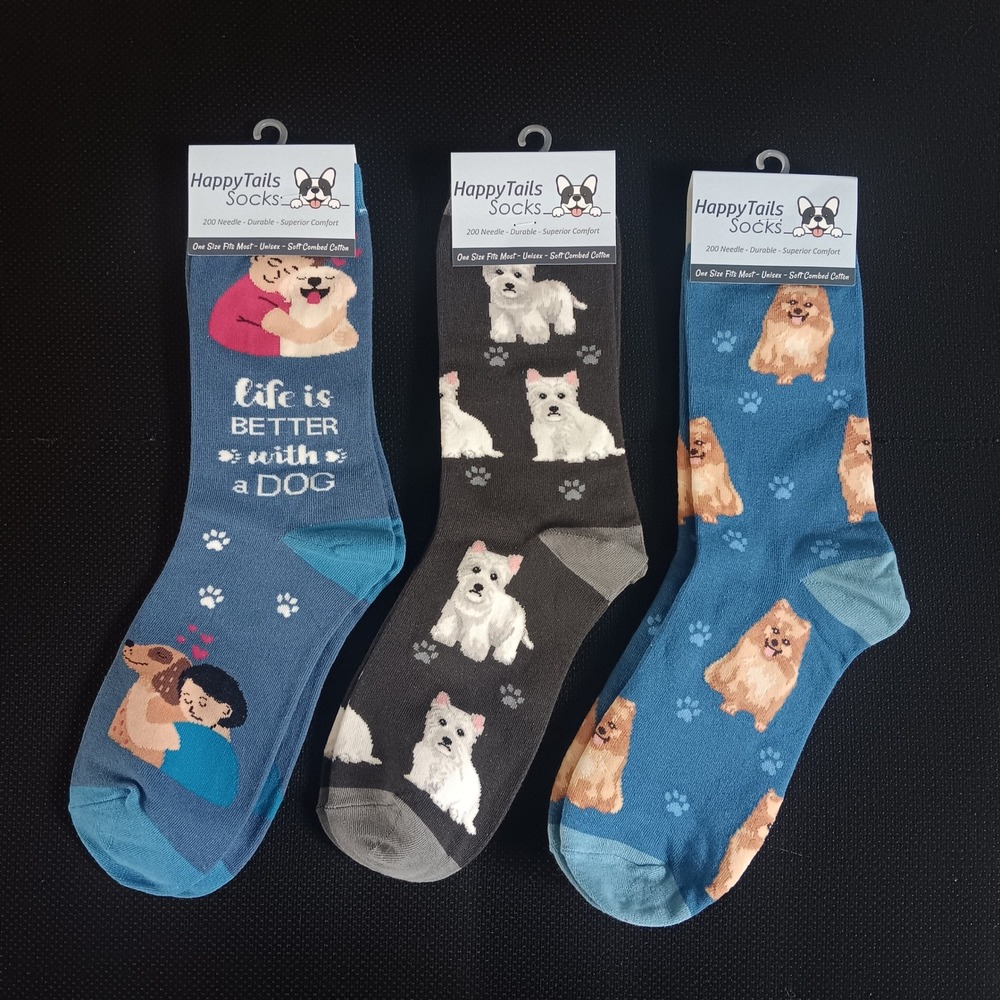 Happy Tails Socks Crew Bundle of 3 Unisex OSFM Blue Grey Dog Westie Pomeranian